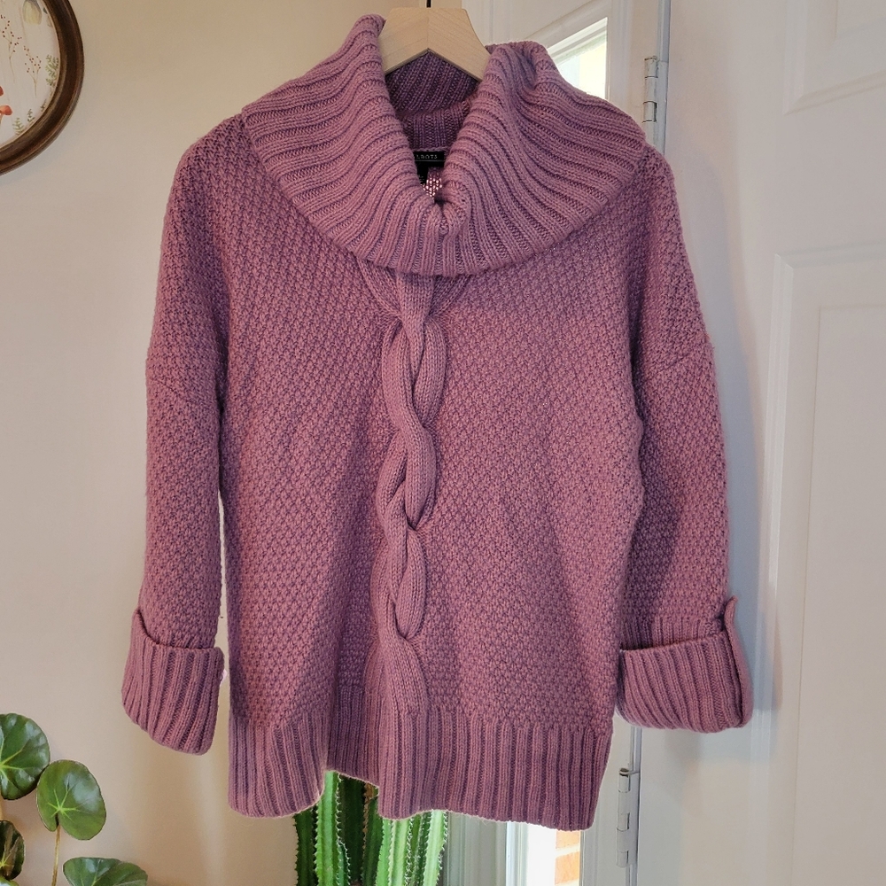 Talbots Purple Wool Blend Cowl Neck Knit Cable Knit‎ Sweater, Size Large Petite